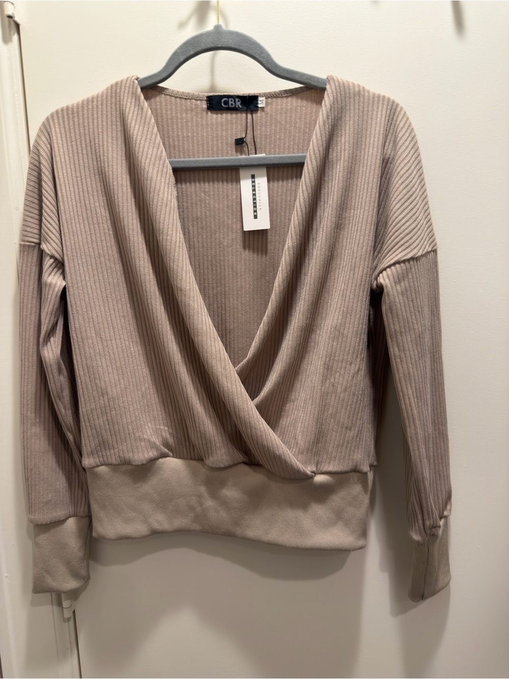 CBR Ribbed Wrap V-Neck Top in Blush Taupe